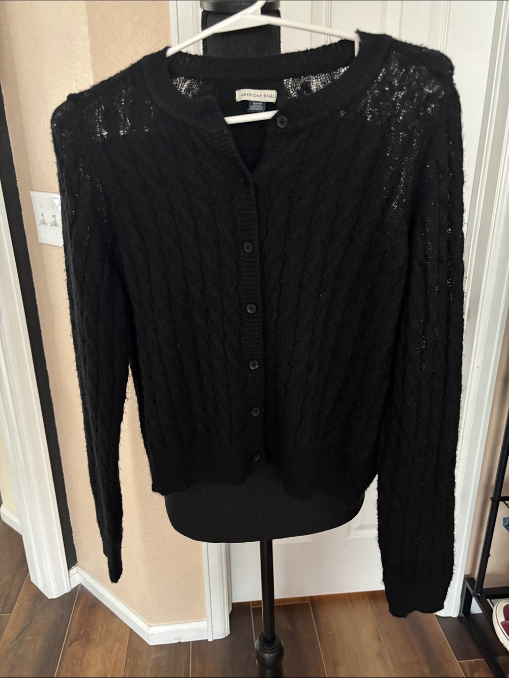 American Eagle Outfitters Black Cable-Knit Button-Up Cardigan